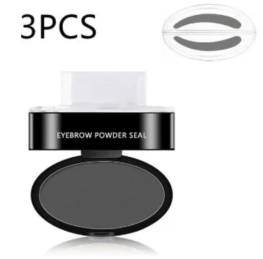Professional waterproof eyebrow stamp and stencil kit with black oval powder seal, white cap, and dark gray eyebrow powder