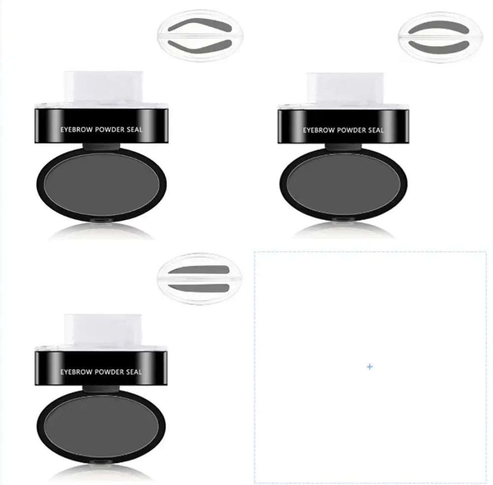 Professional waterproof eyebrow stamp and stencil kit featuring a black oval powder seal with white cap and clear adhesive strips
