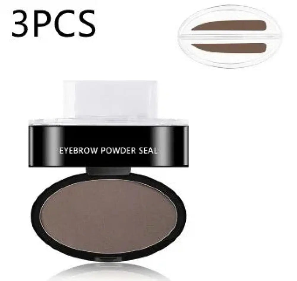 Black oval compact with single brown waterproof eyebrow powder and integrated applicator from professional stamp kit