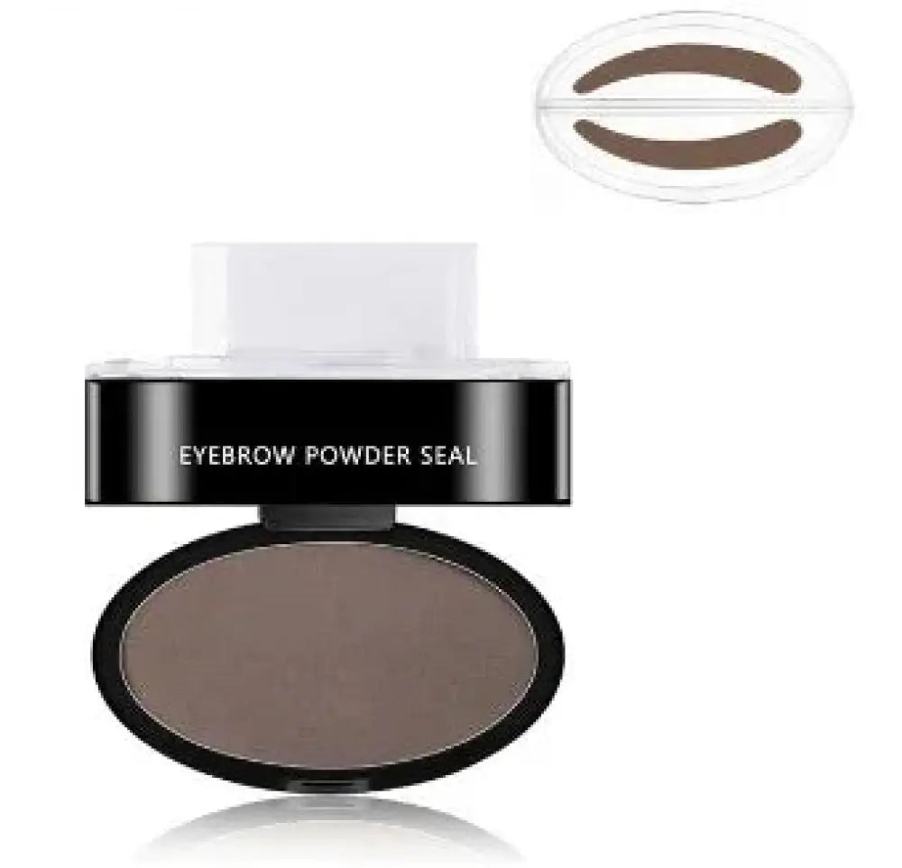 Black oval compact with matte brown eyebrow powder, white applicator, and clear lid for professional waterproof use