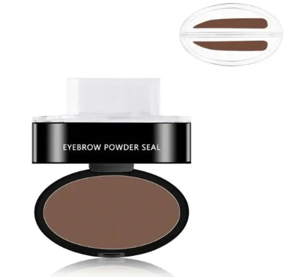 Brown eyebrow powder in a sleek black and white compact with an oval pan for professional waterproof use