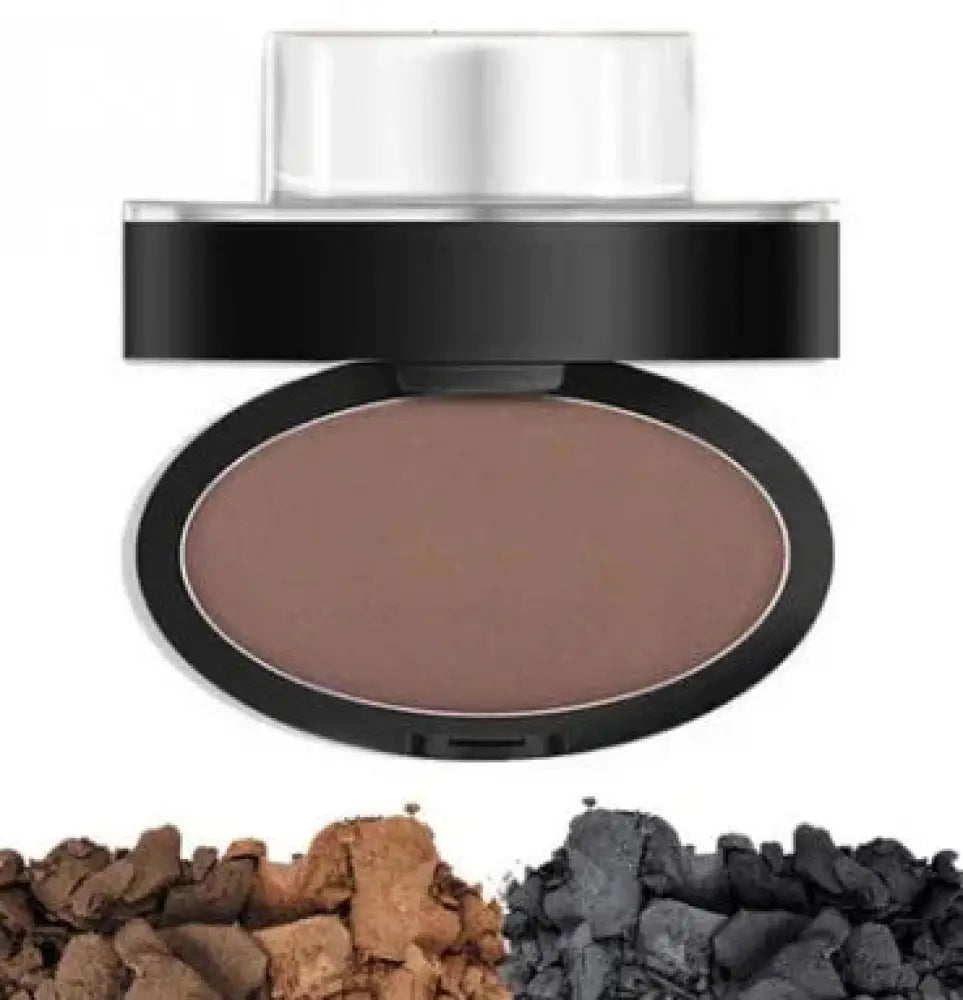 A sleek black oval compact with matte brown eyeshadow for professional waterproof eyebrow stamp and stencil kit