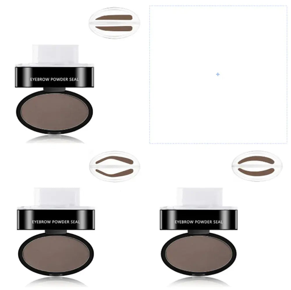 Black oval compact with brown eyebrow powder and white cap labeled eyebrow powder seal for professional waterproof eyebrow stamp kit
