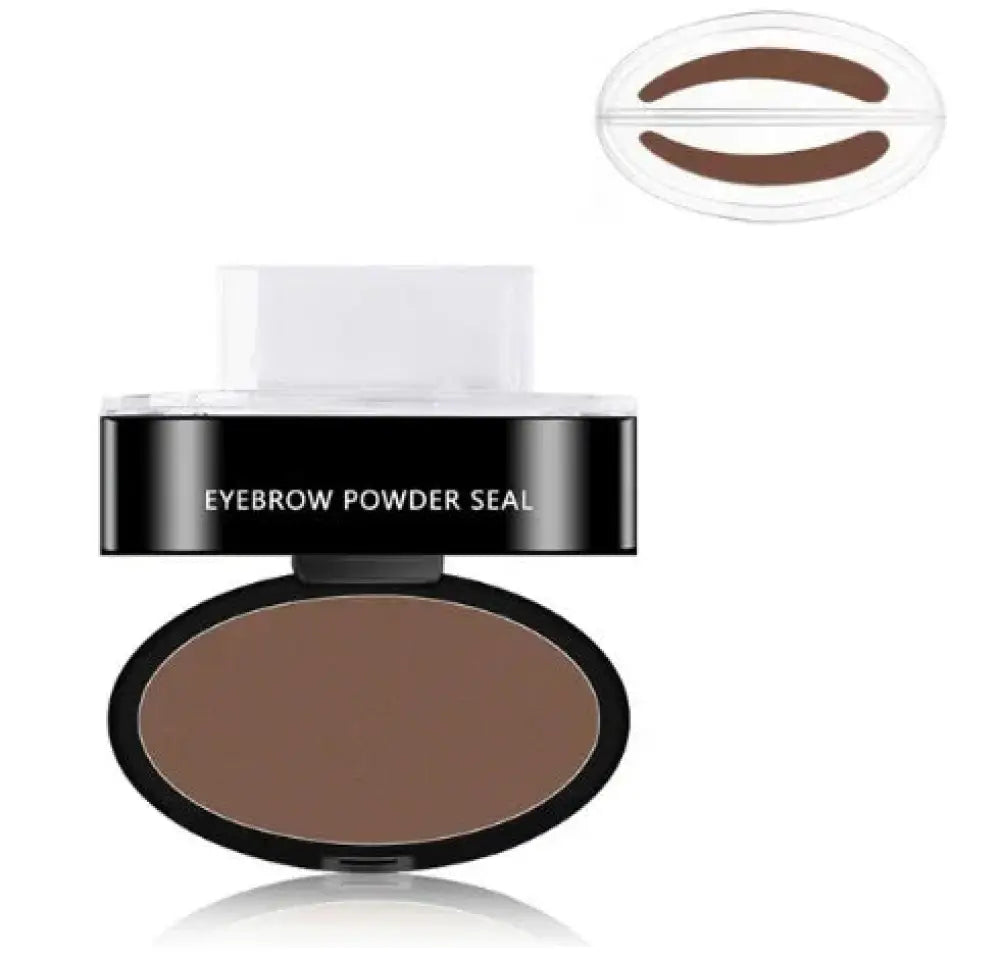 Black oval compact containing brown eyebrow powder with white applicator and clear lid in professional waterproof eyebrow stamp and stencil kit