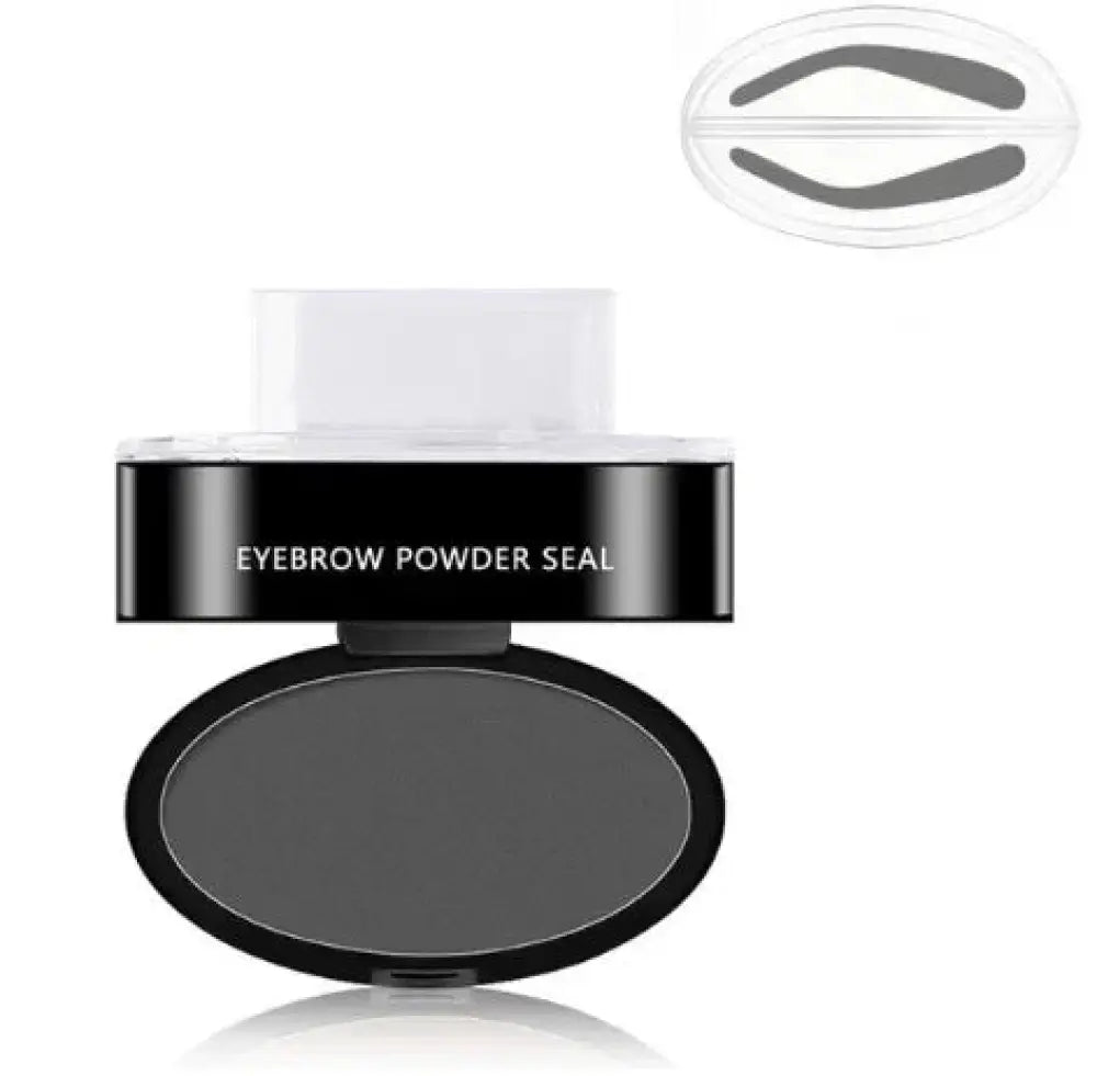 Black oval compact of professional waterproof eyebrow stamp and stencil kit with dark gray powder and black lid