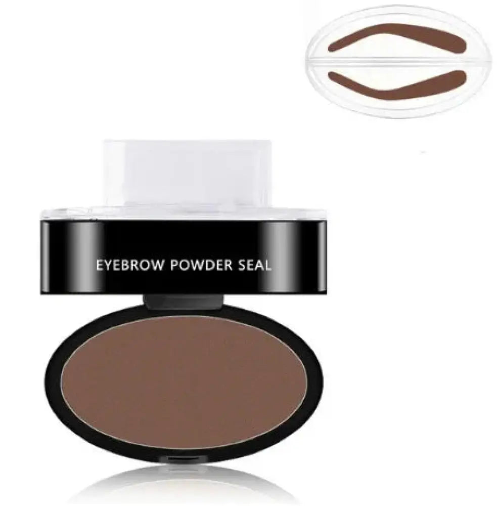 Black oval compact containing smooth medium brown eyebrow powder with black lid and white cap for professional waterproof eyebrow stamp kit