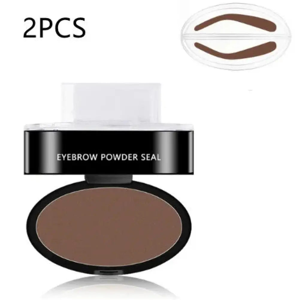 Black oval compact containing brown eyebrow powder with clear lid and applicator in professional waterproof eyebrow stamp kit