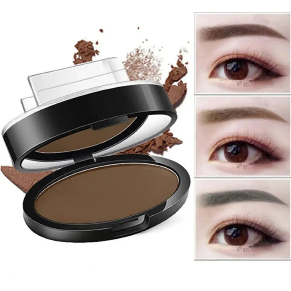 Black and silver compact containing brown eyebrow powder with three shade options for professional waterproof eyebrow stamping