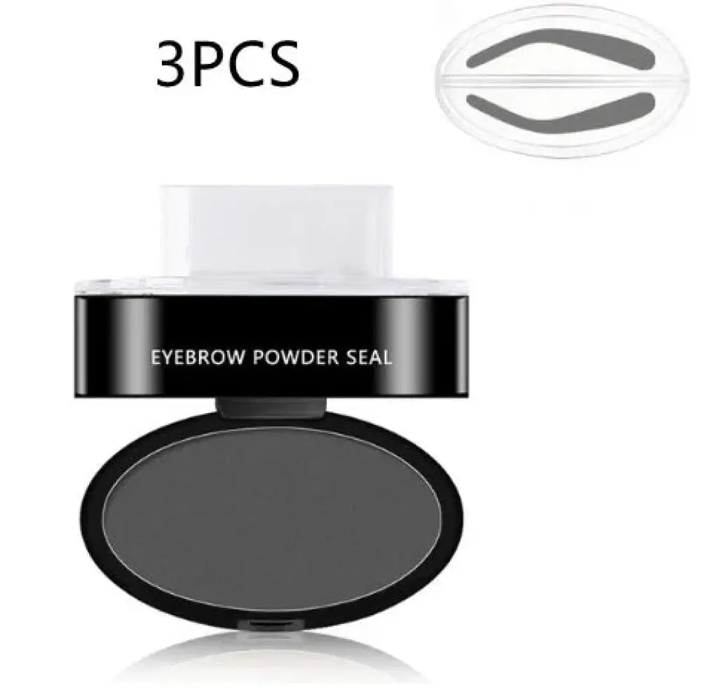 Professional waterproof eyebrow stamp and stencil kit with black oval-shaped powder seal and gray powder inside clear lid