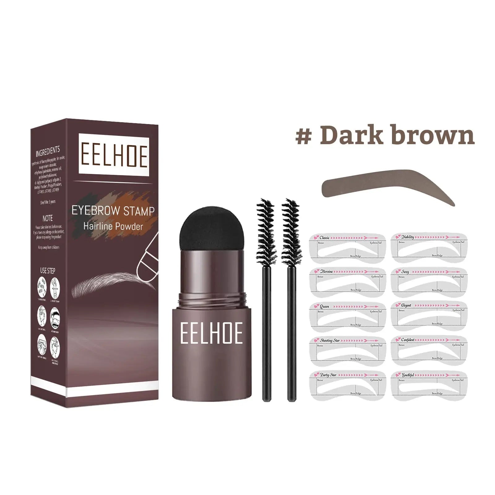 Eyebrow powder stencil kit with dark brown eelhoe stamp hairline powder stick black brush and ten pre-shaped stencils
