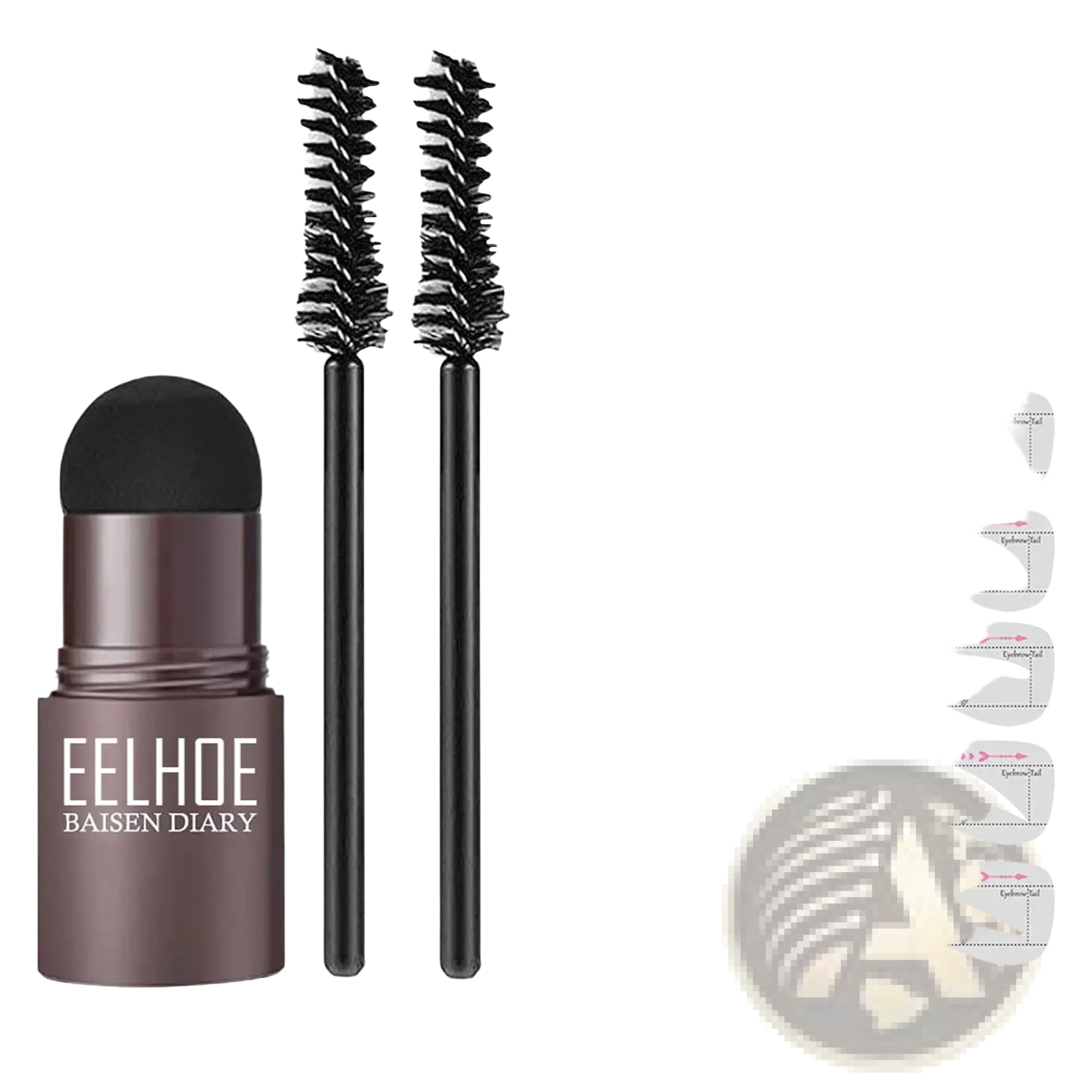 Dark brown eyebrow pencil with black brush and ten pre-designed shaping templates in eyebrow powder stencil kit with stamp and pencil