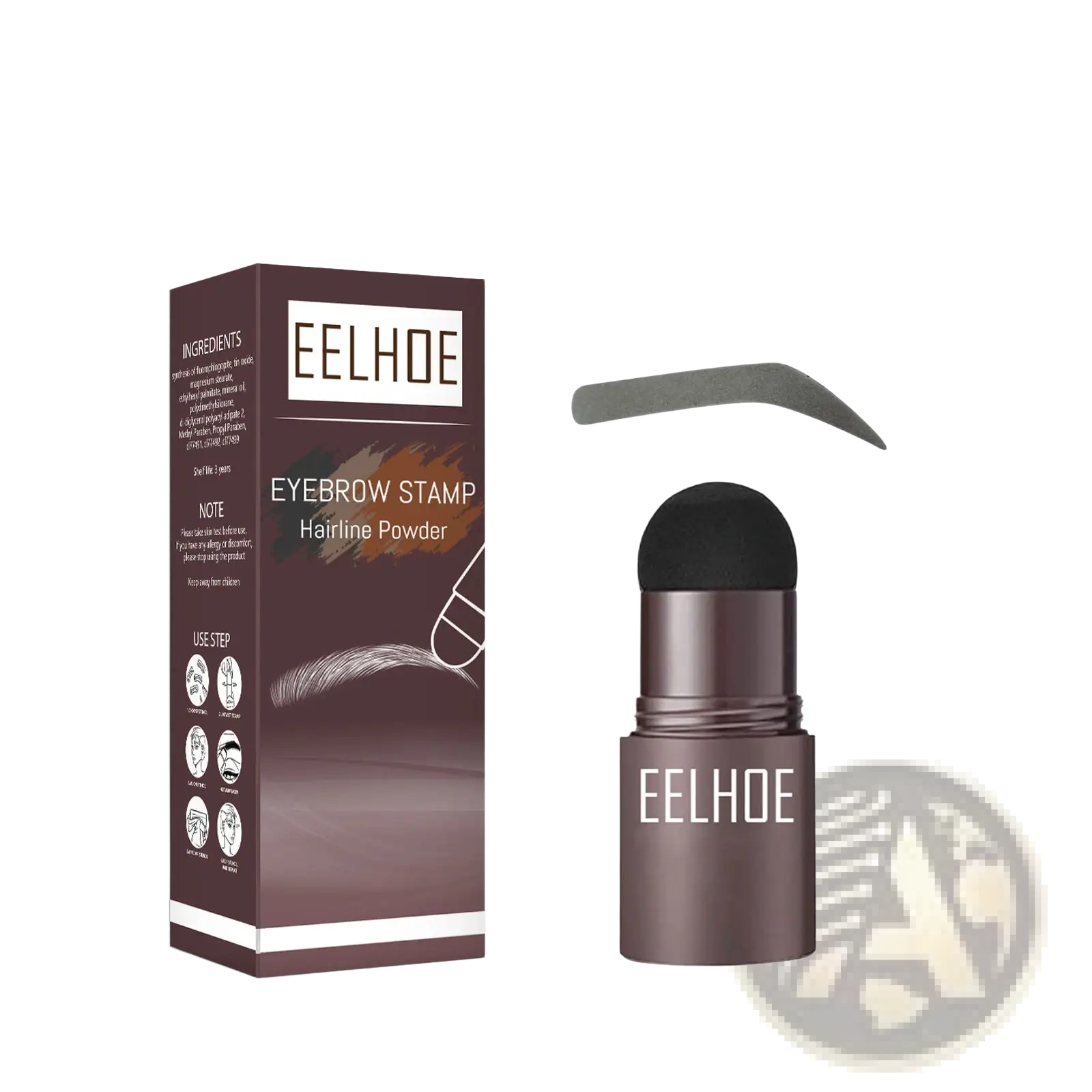 Dark grey eelhoe eyebrow stamp hairline powder stick with black sponge applicator in eyebrow powder stencil kit with stamp and pencil