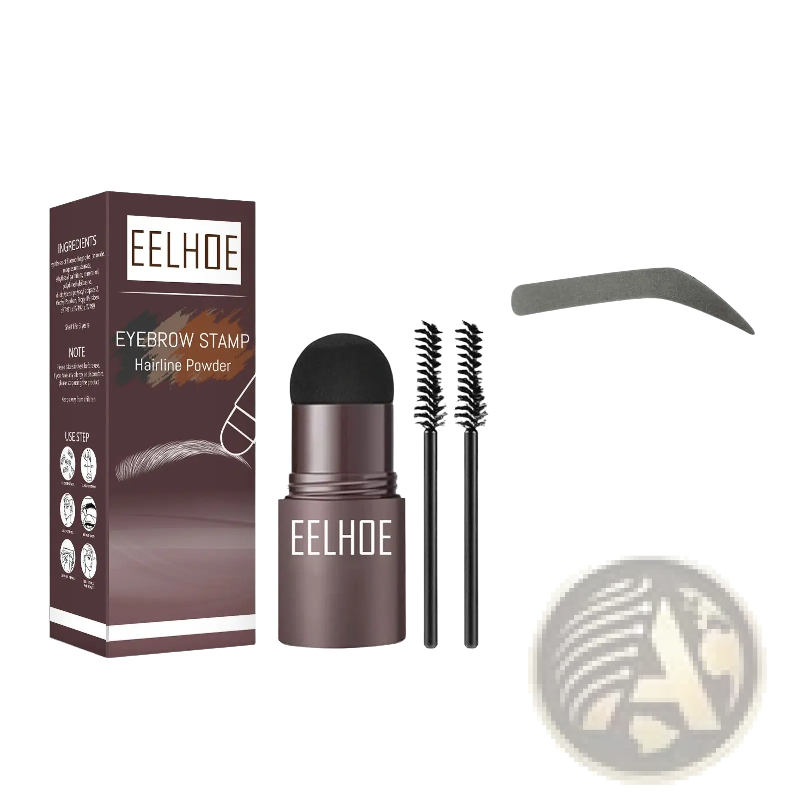 Dark grey eelhoe eyebrow stamp hairline powder stick with black cap and two brushes in eyebrow powder stencil kit with stamp and pencil
