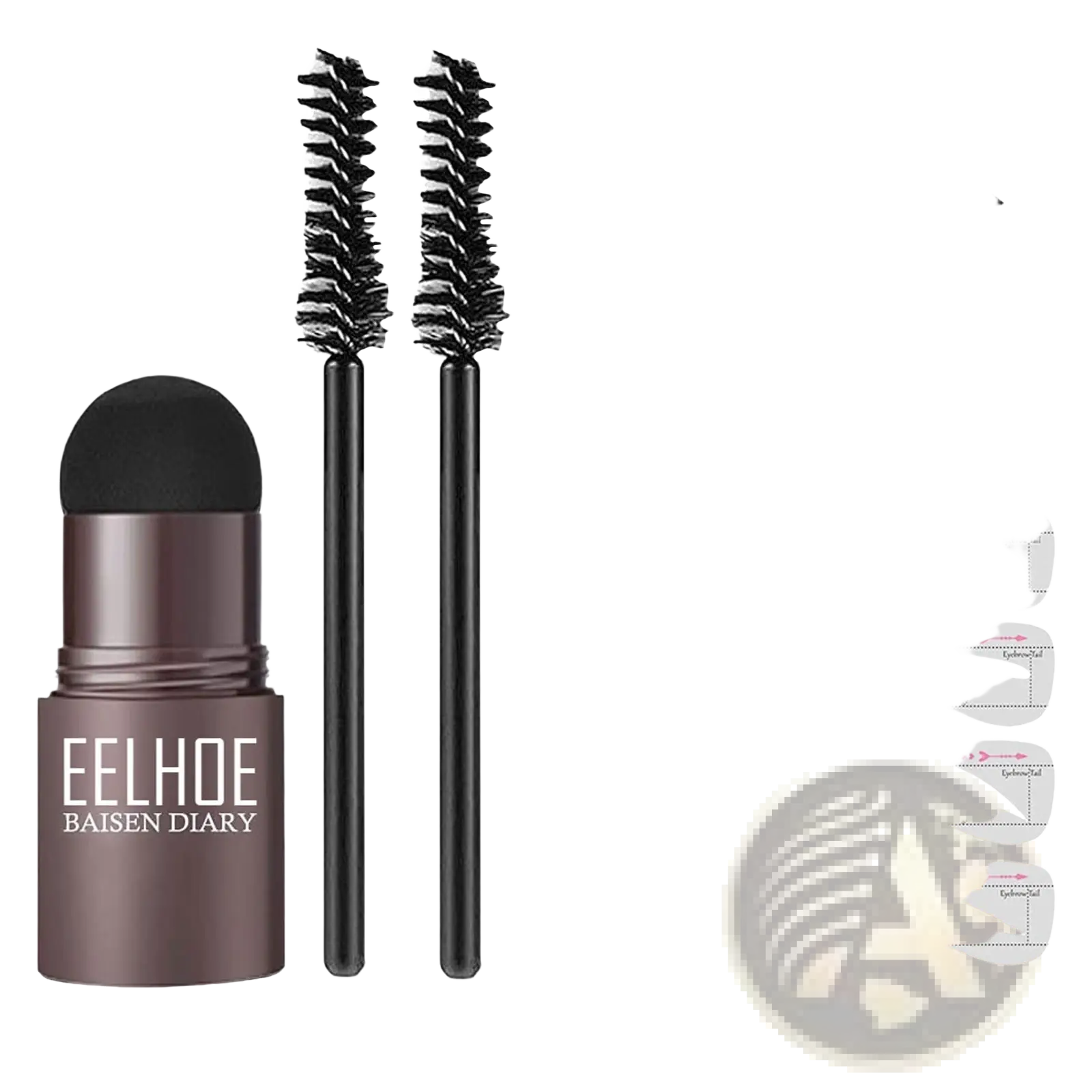 Dark grey eyebrow pencil with black brush applicator and matching stencil guide in eyebrow powder stencil kit with stamp and pencil