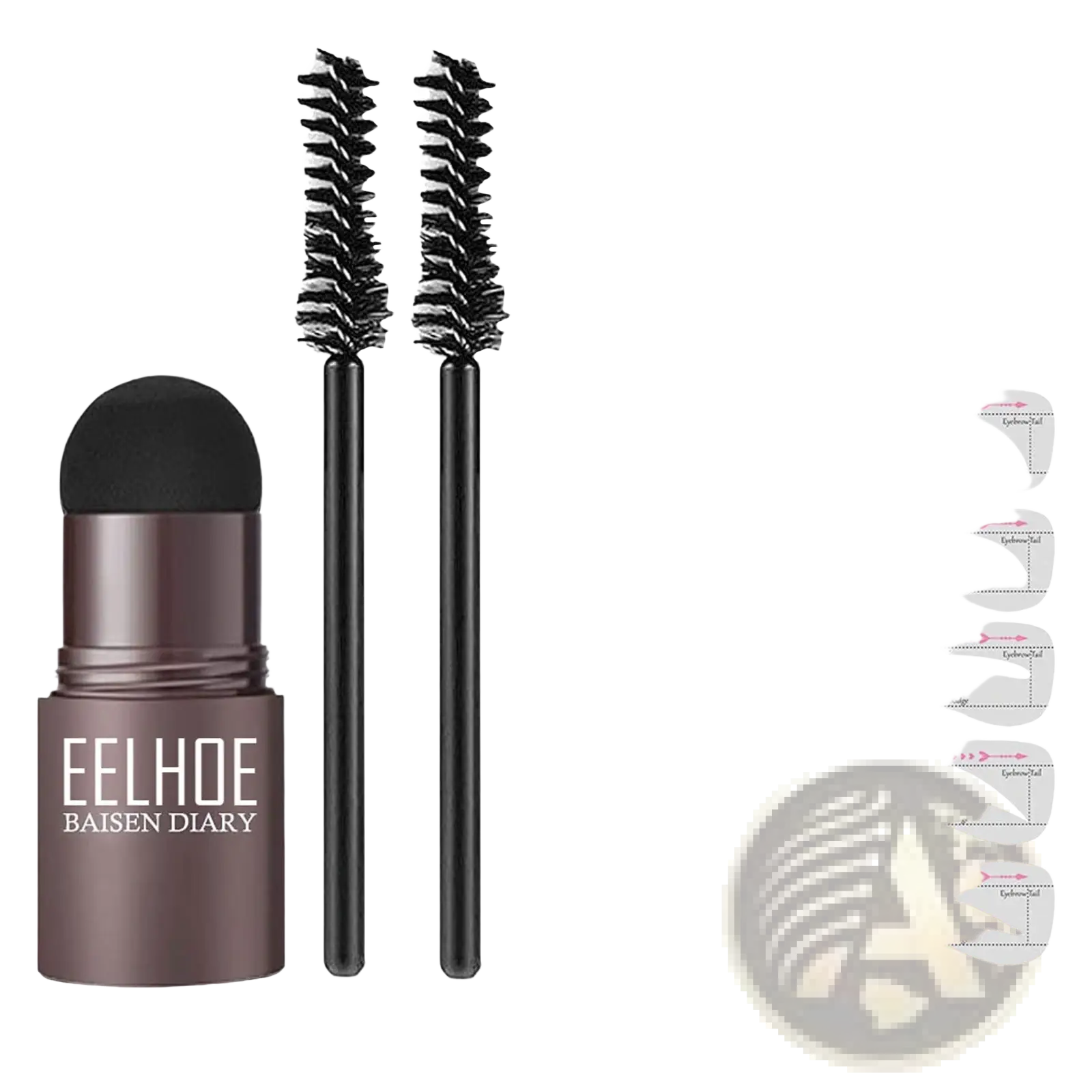 Medium brown eyebrow pencil with black brush applicator and matching angled brow templates in eyebrow powder stencil kit with stamp