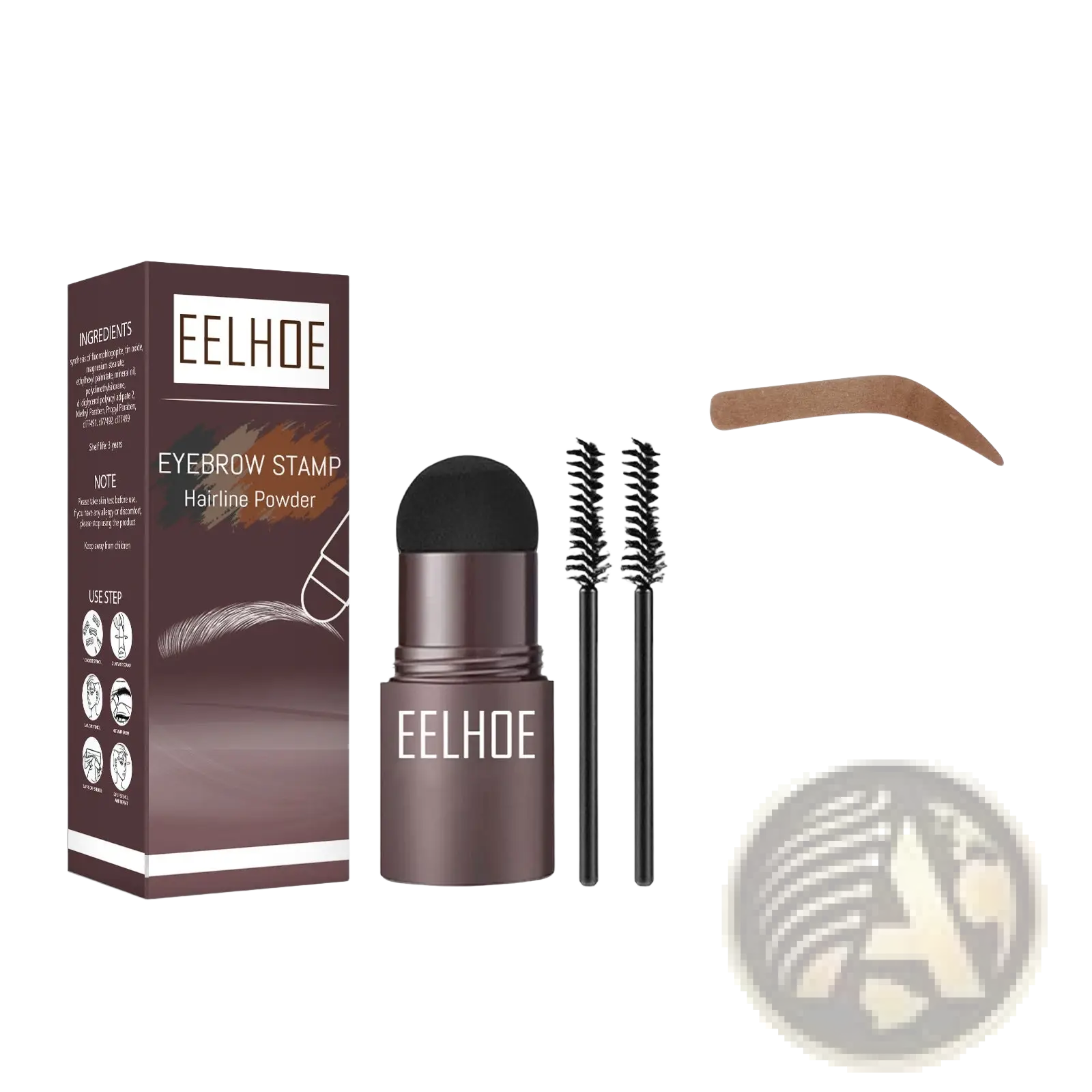 Eyebrow powder stencil kit with medium brown stamp powder stick black brush and ten pre-designed stencil templates