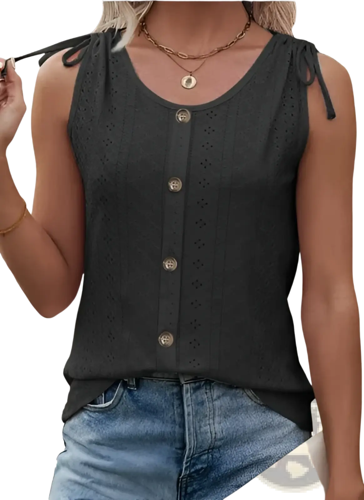 Black eyelet sleeveless top with button front closure and tie straps at shoulders in lace-like fabric