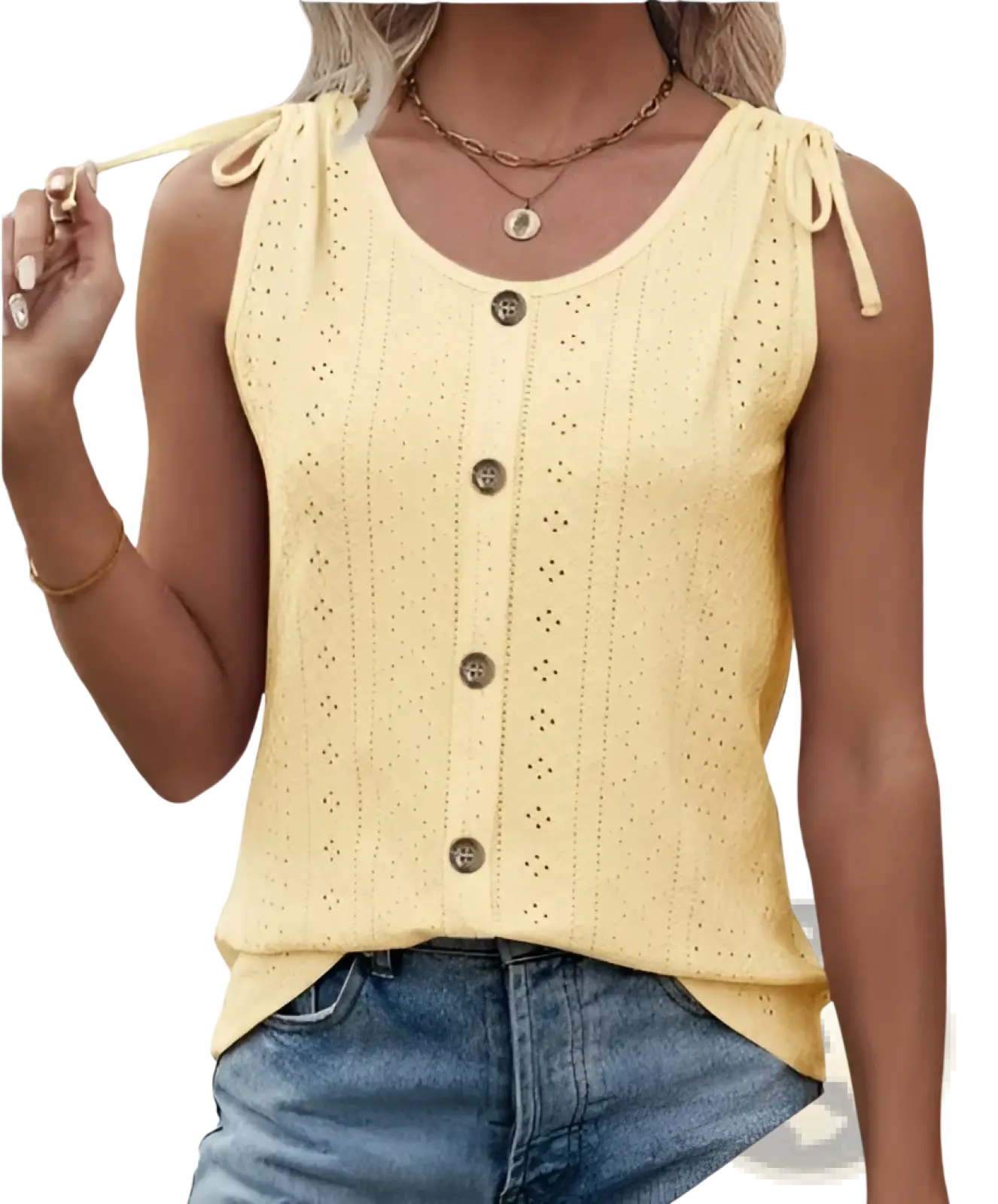 A pale yellow sleeveless knit eyelet tank top with button front and tie straps for casual wear