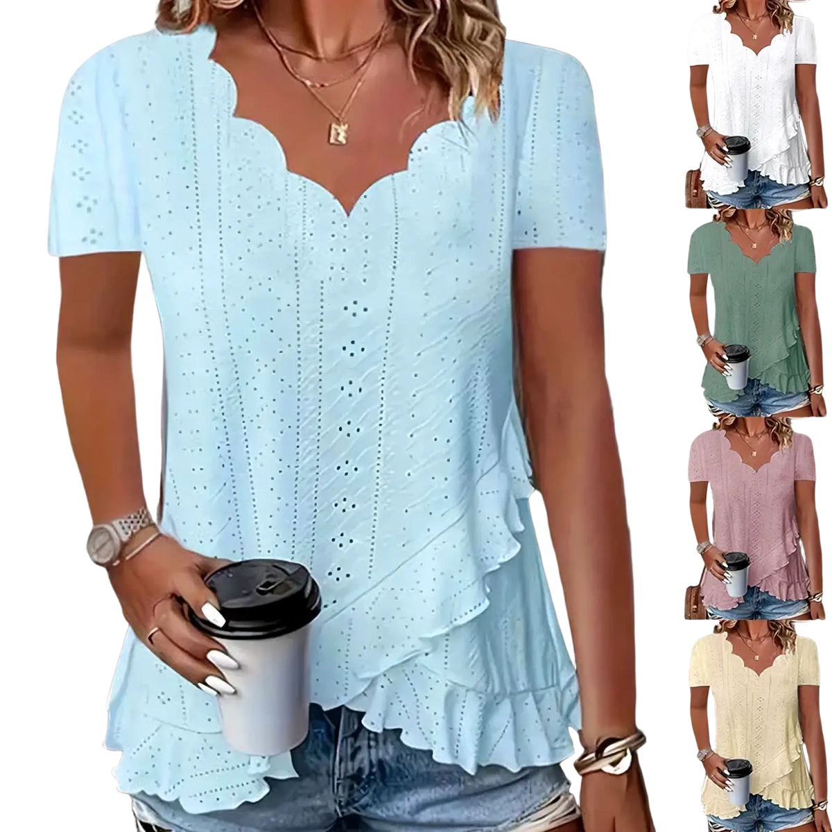 Light blue eyelet lace blouse featuring a ruffled hem and scalloped V-neckline for elegant wear