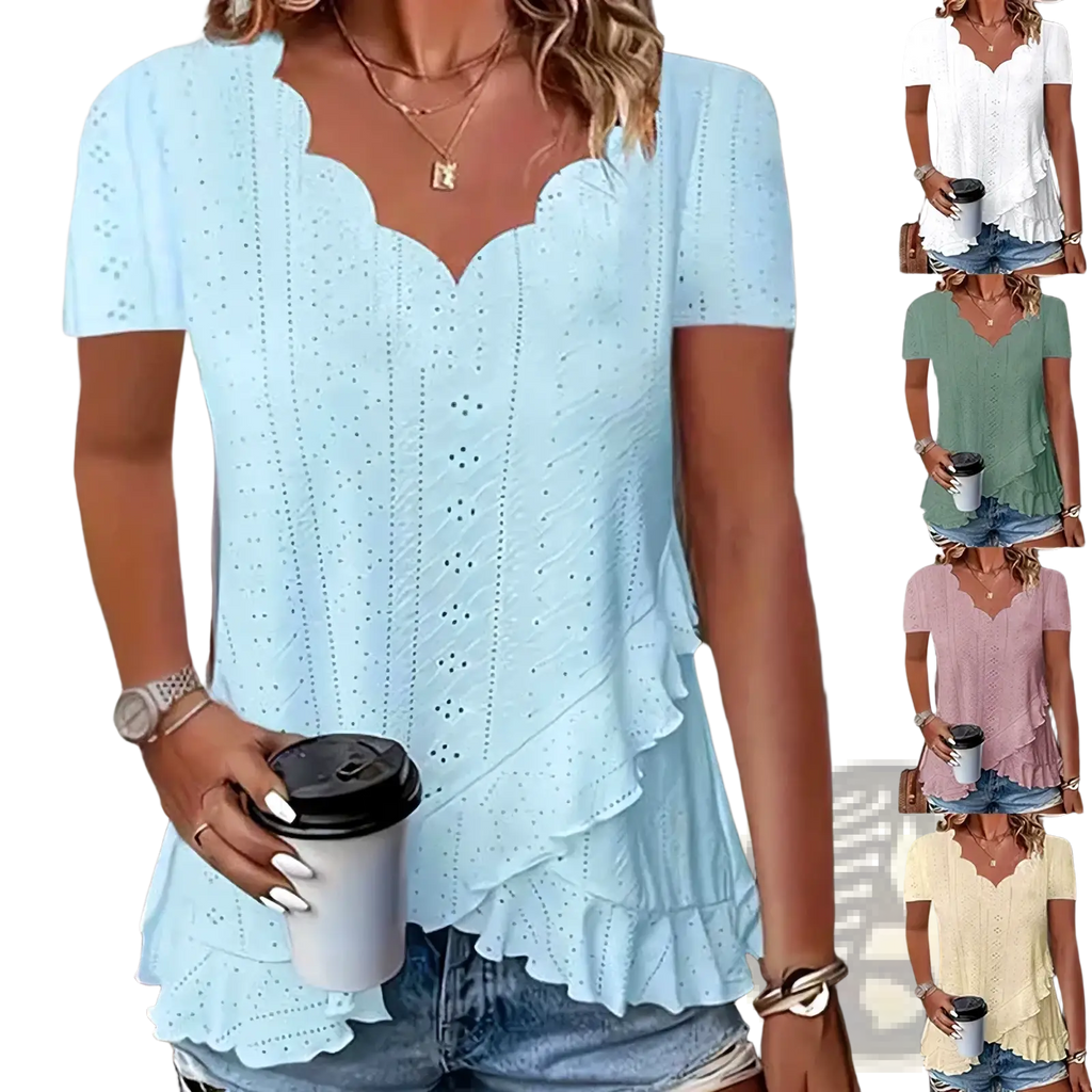 Light blue eyelet lace blouse featuring a ruffled hem and scalloped V-neckline for elegant wear