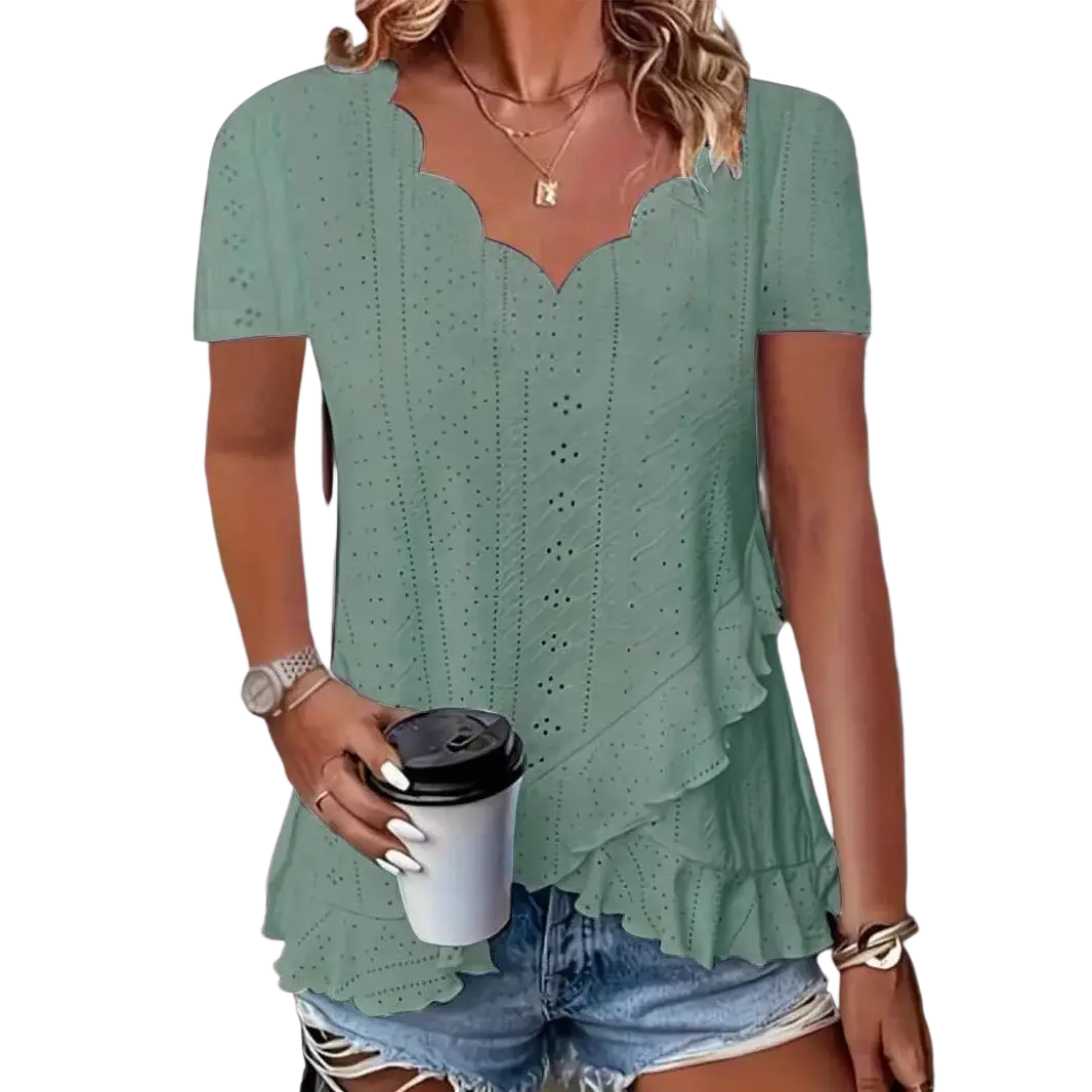Mint green eyelet blouse with scalloped neckline and ruffled hem perfect for elegant casual wear
