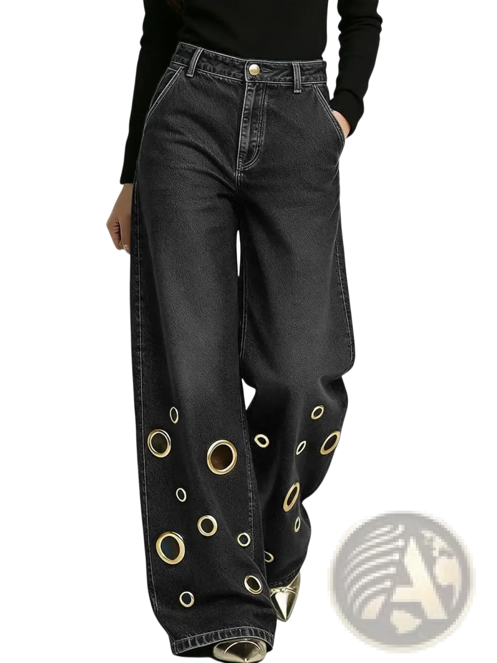 Black wide leg denim jeans with gold toned circular eyelets patterned along the lower legs