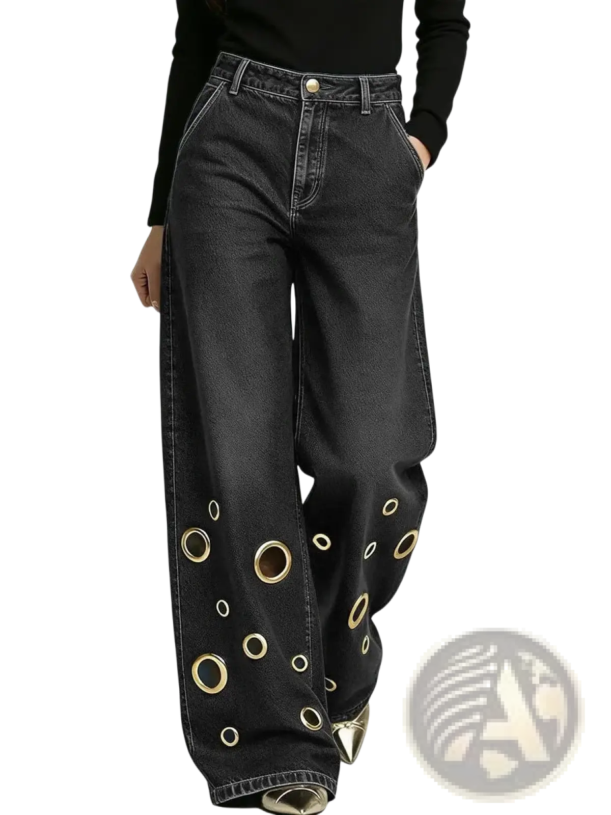Black wide leg denim jeans with gold toned circular eyelets patterned along the lower legs