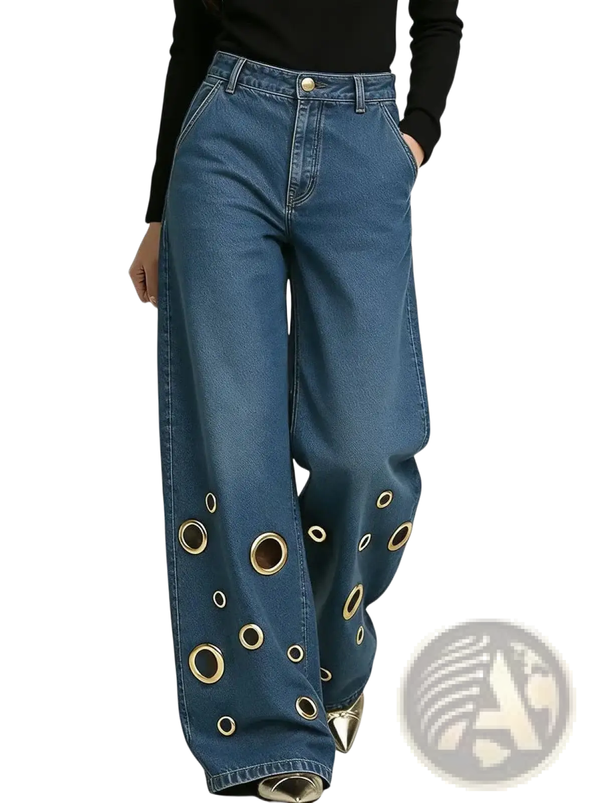 Blue denim eyelet wide leg jeans featuring gold-toned circular eyelets along the lower legs for a stylish look