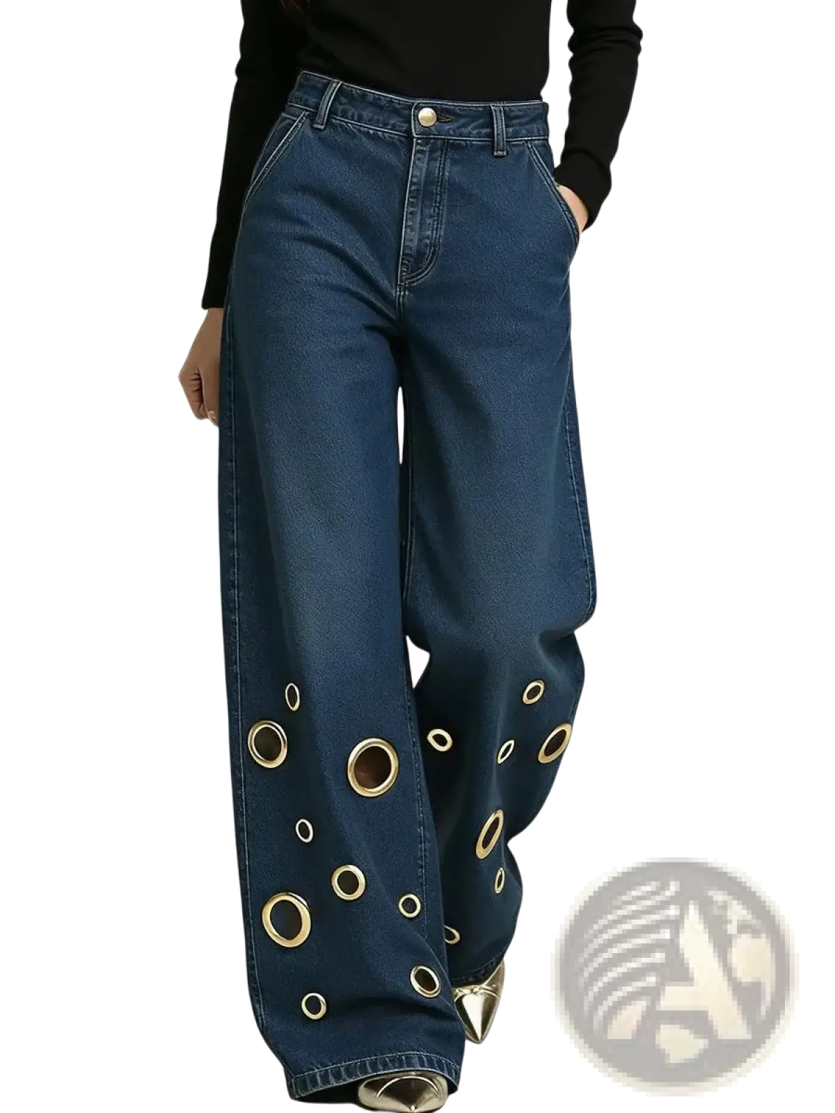 Dark blue denim eyelet wide leg jeans with bold gold-toned circular eyelets along the lower legs
