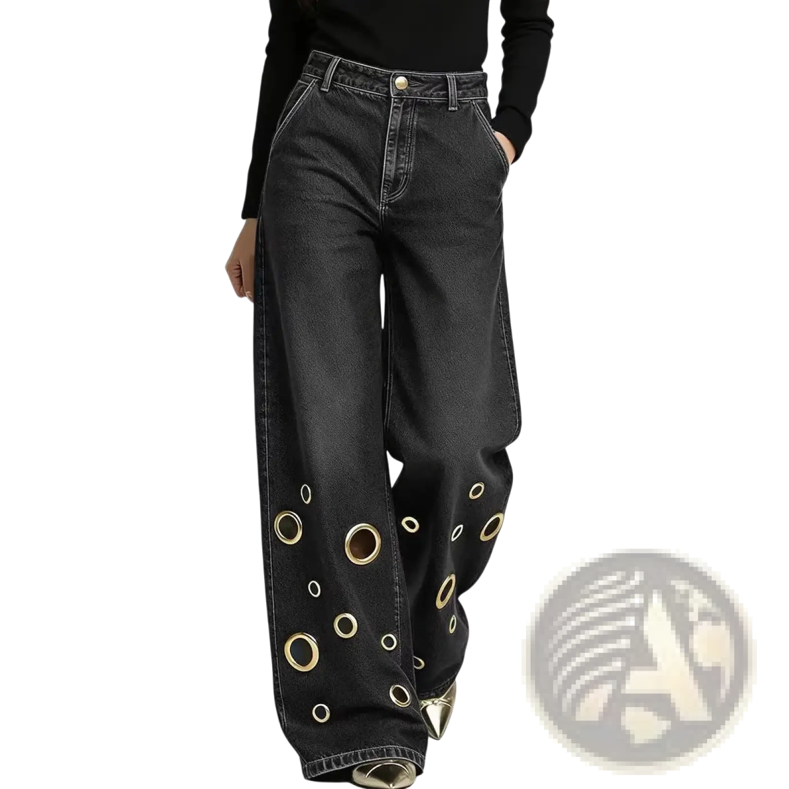 Black wide-leg denim jeans featuring a distressed texture and gold-toned eyelet grommets along the lower legs
