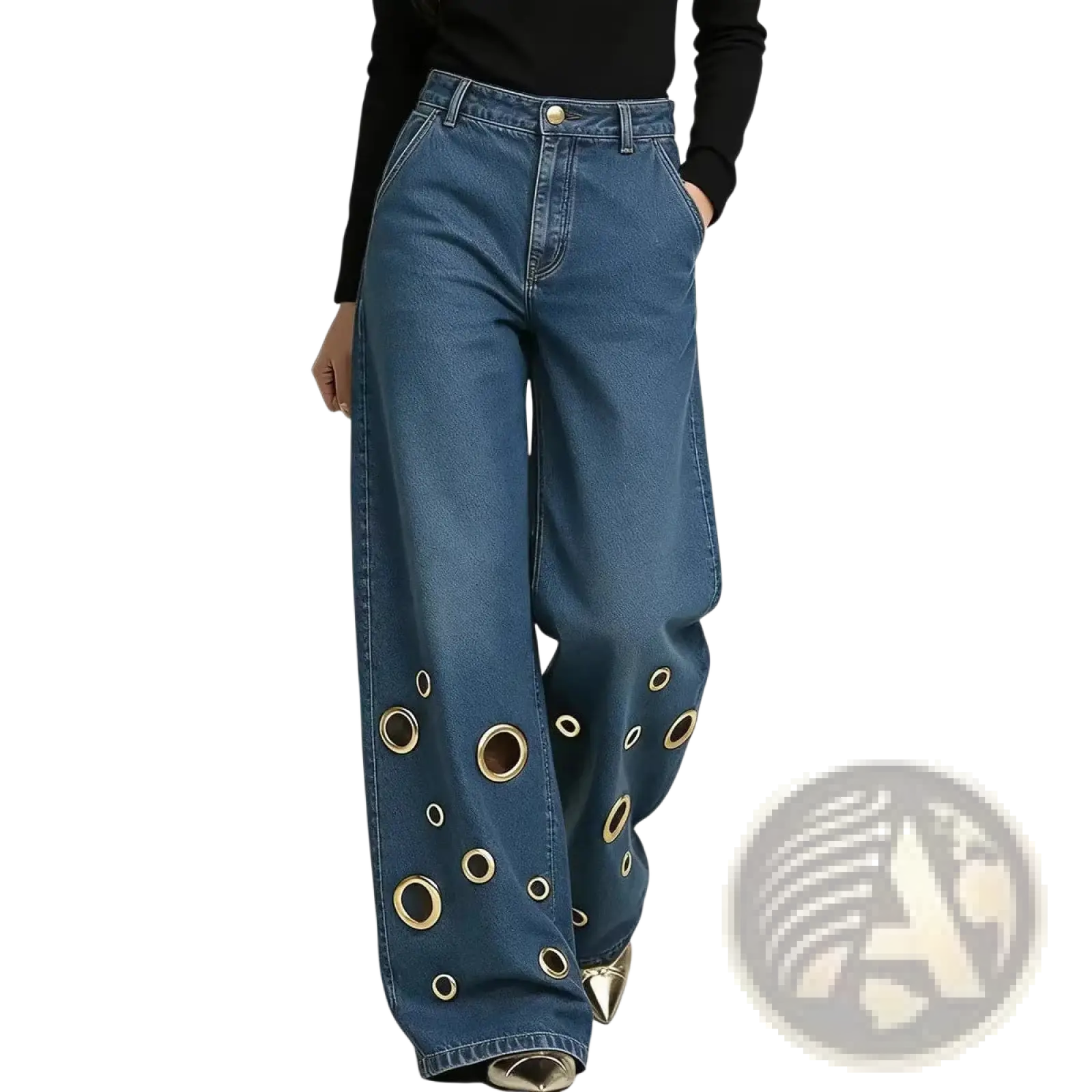 Blue denim wide leg jeans with gold toned circular eyelets pattern along the lower legs