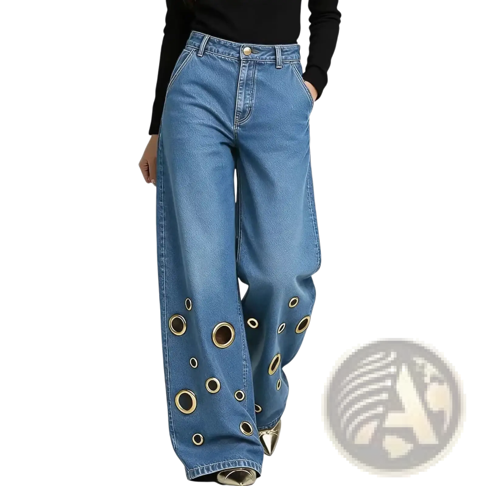 Blue denim eyelet wide leg jeans with gold-toned circular eyelets along the lower legs for a trendy look