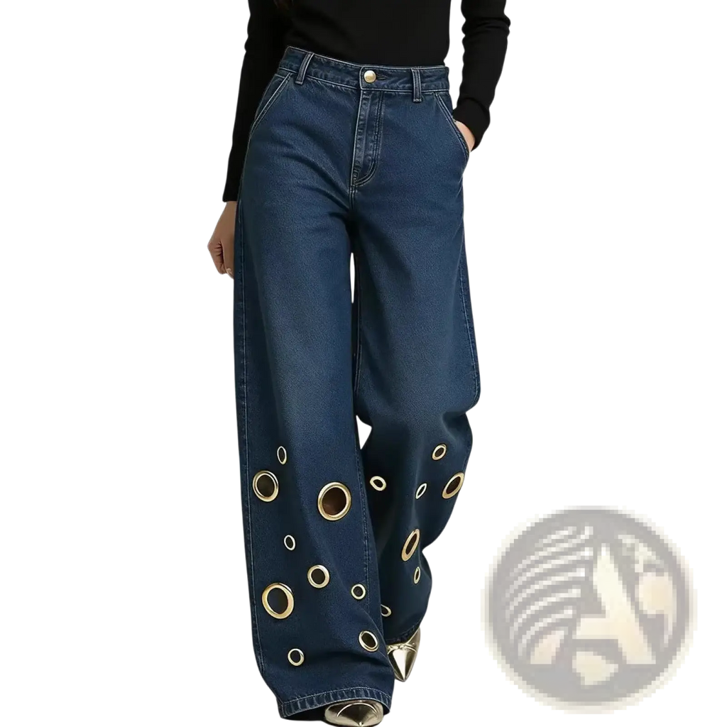 Dark blue wide-leg denim jeans featuring gold-toned circular eyelets along the lower legs