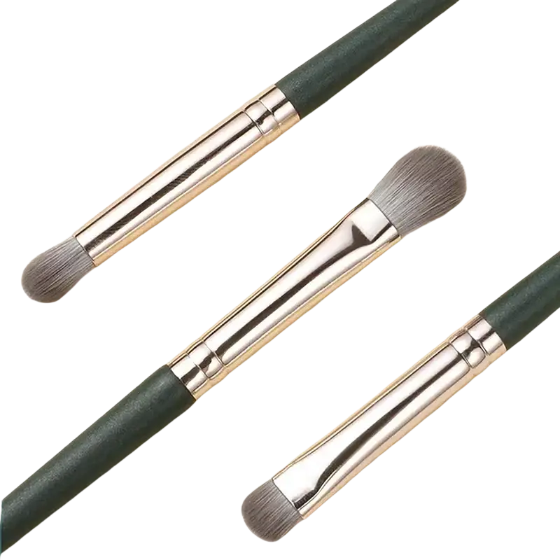 Set of three dark green-handled eyeshadow makeup brushes with silver ferrules and soft gray bristles professional set