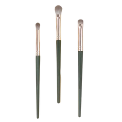 Three elegant eyeshadow brushes with dark green handles silver ferrules and soft gray bristles for professional makeup use