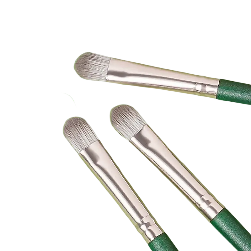 Set of three green-handled soft eyeshadow makeup brushes with silver ferrules for professional makeup application