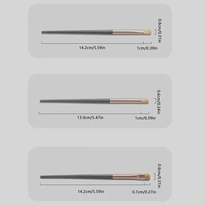 Set of three sleek matte black handled eyeshadow brush set with rose gold ferrules and soft rounded bristles