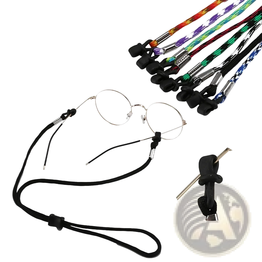 Black braided eyewear strap with metal clasps and rubberized ends for non-slip sports use 10 pack