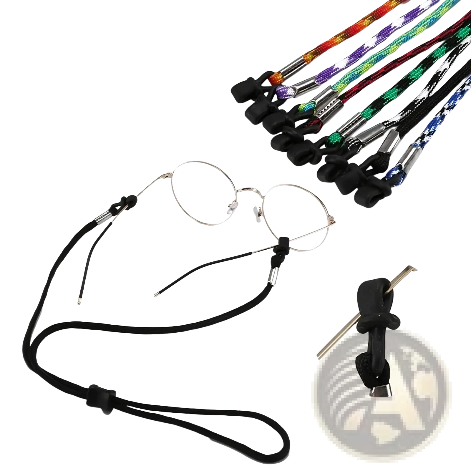 Black braided eyewear strap with metal clasps and rubberized ends for non-slip sports use 10 pack