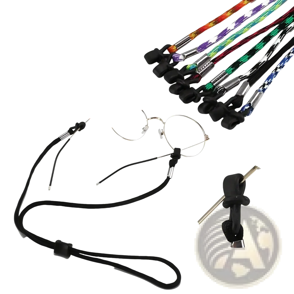 Black braided eyewear strap with metal clasps and rubberized ends non-slip sports cord 10 pack
