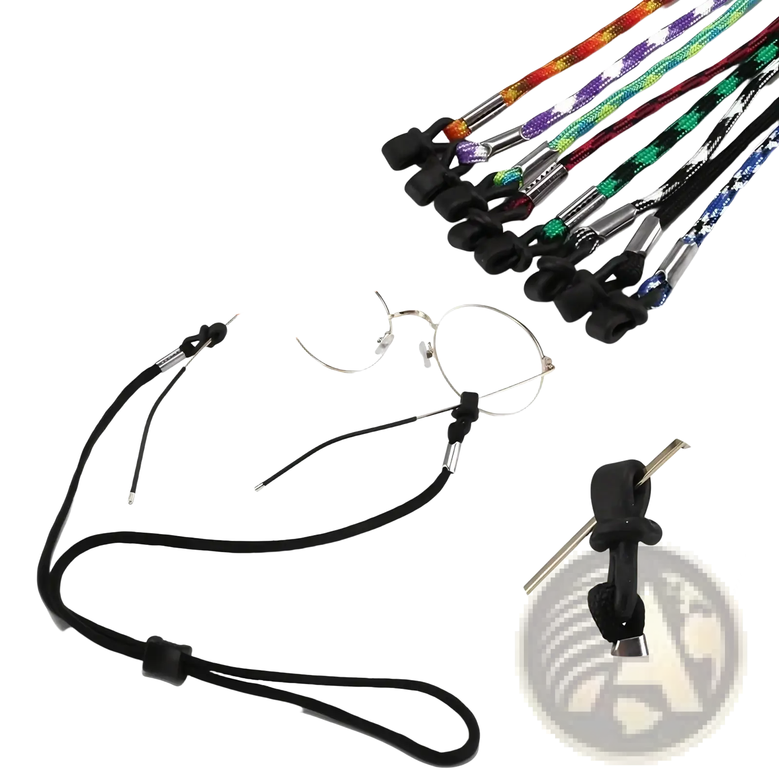Black braided eyewear strap with metal clasps and rubberized ends non-slip sports cord 10 pack