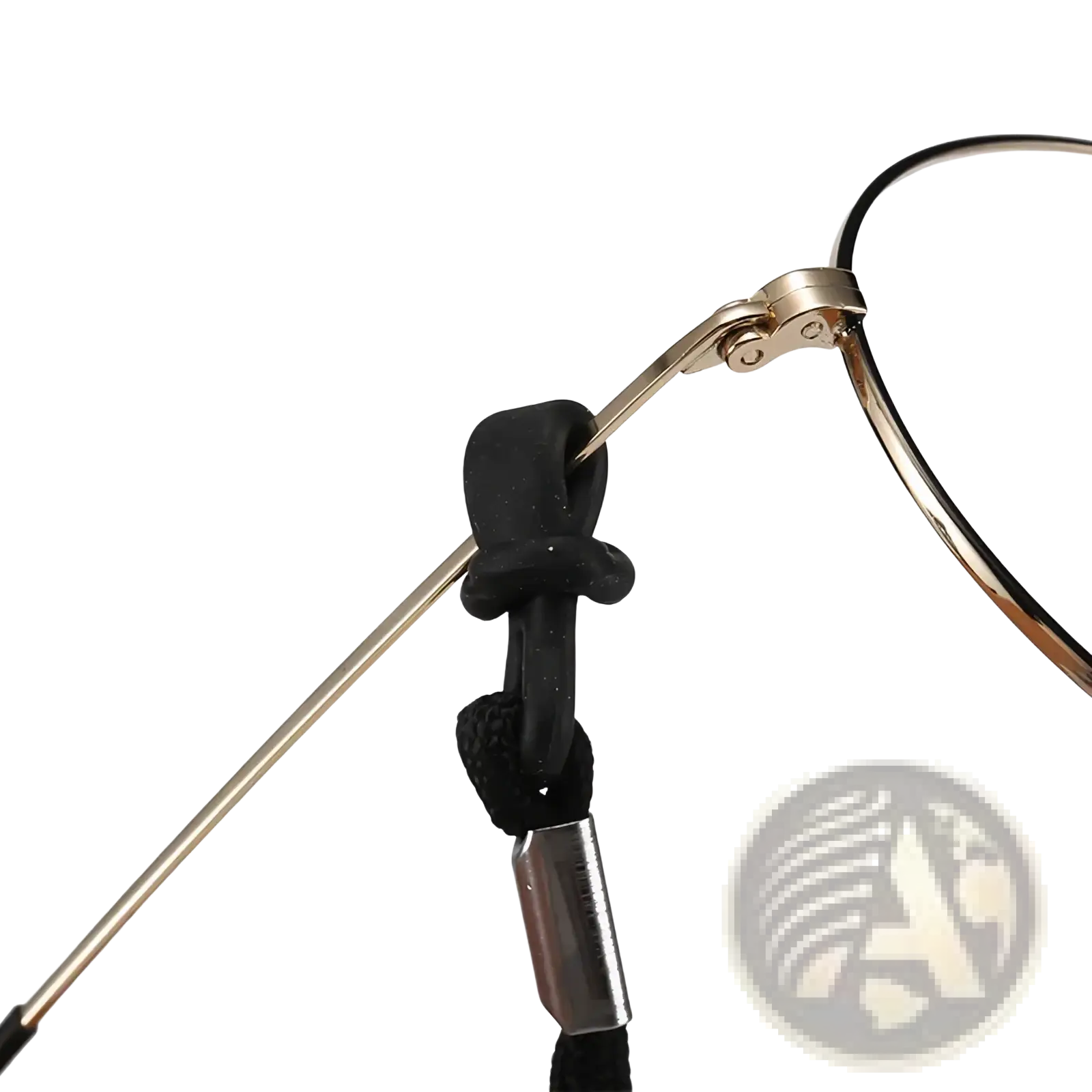 Black braided non-slip sports eyewear strap with metallic clasp attached to gold-toned eyeglass frames