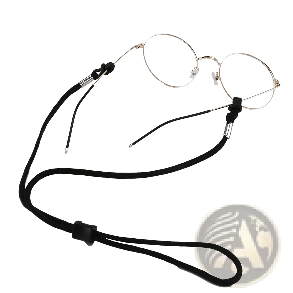 Black fabric eyewear strap with silver metal clasps and black plastic adjuster non-slip sports cord 10 pack