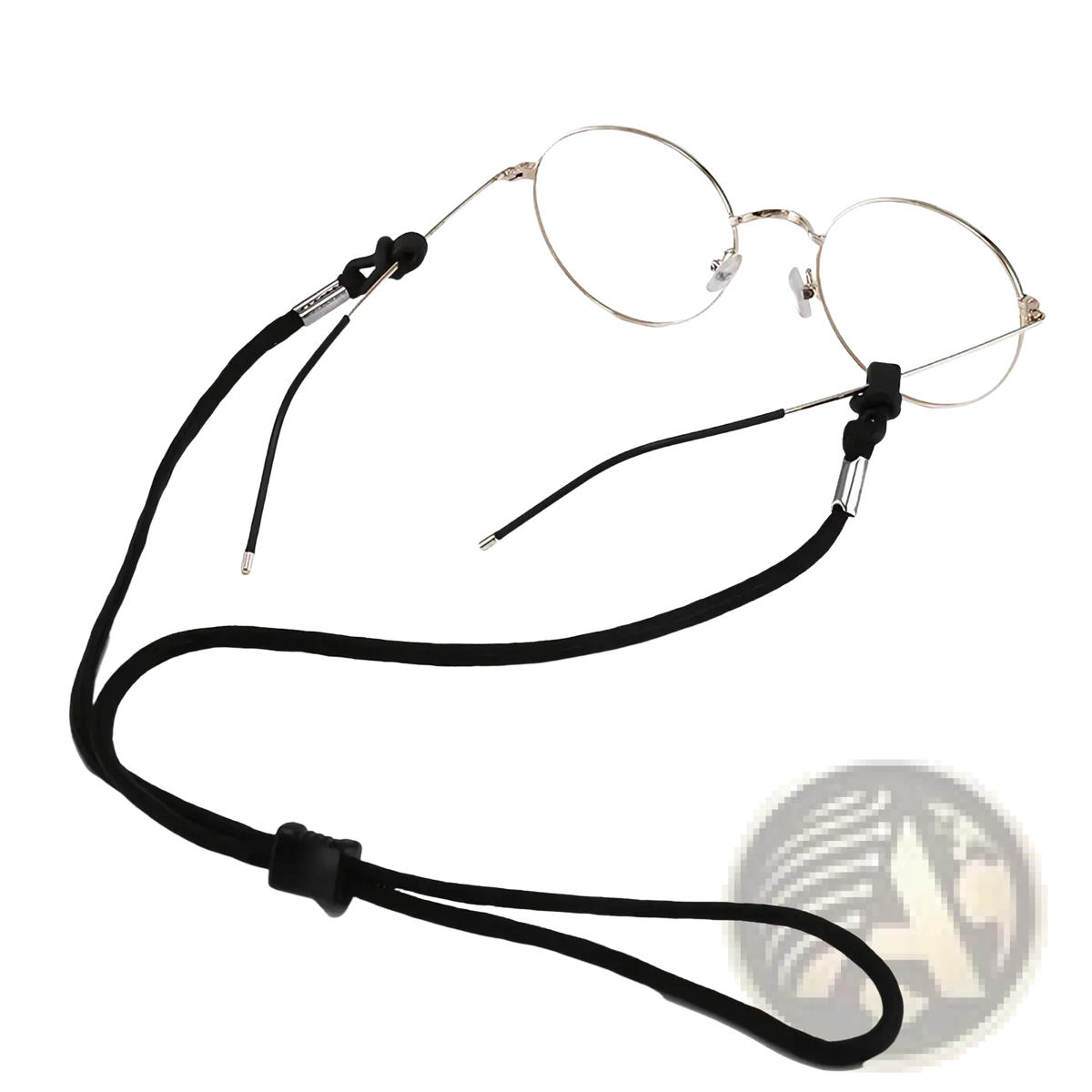 Black fabric eyewear strap with silver metal clasps and black plastic adjuster non-slip sports cord 10 pack