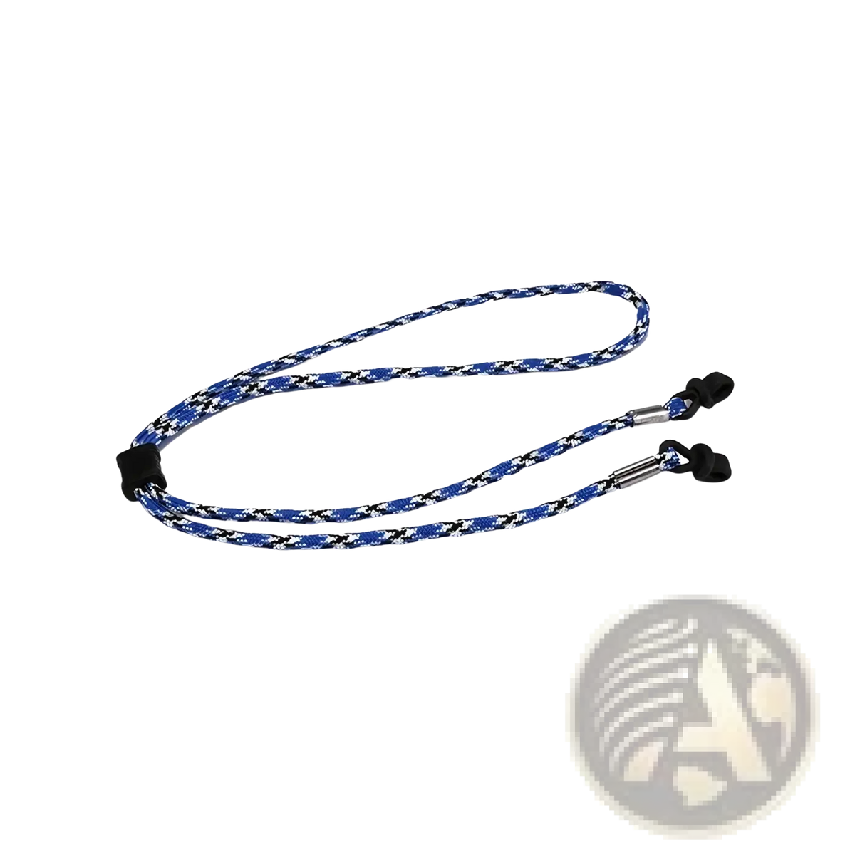 Blue and black braided non-slip sports eyewear strap with adjustable metal clasps in a 10 pack set