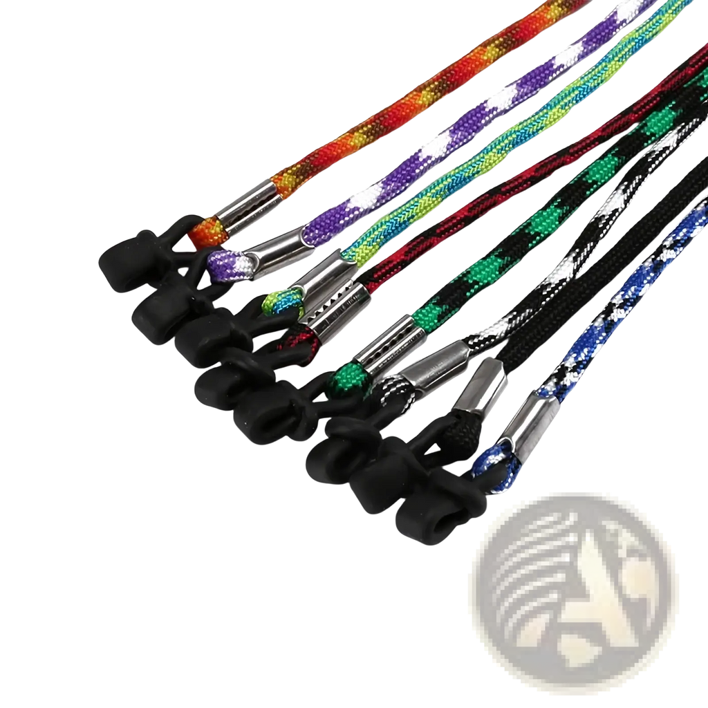 Colorful braided fabric eyewear straps with non-slip black silicone loops and silver connectors branded dhoptical sports cord pack