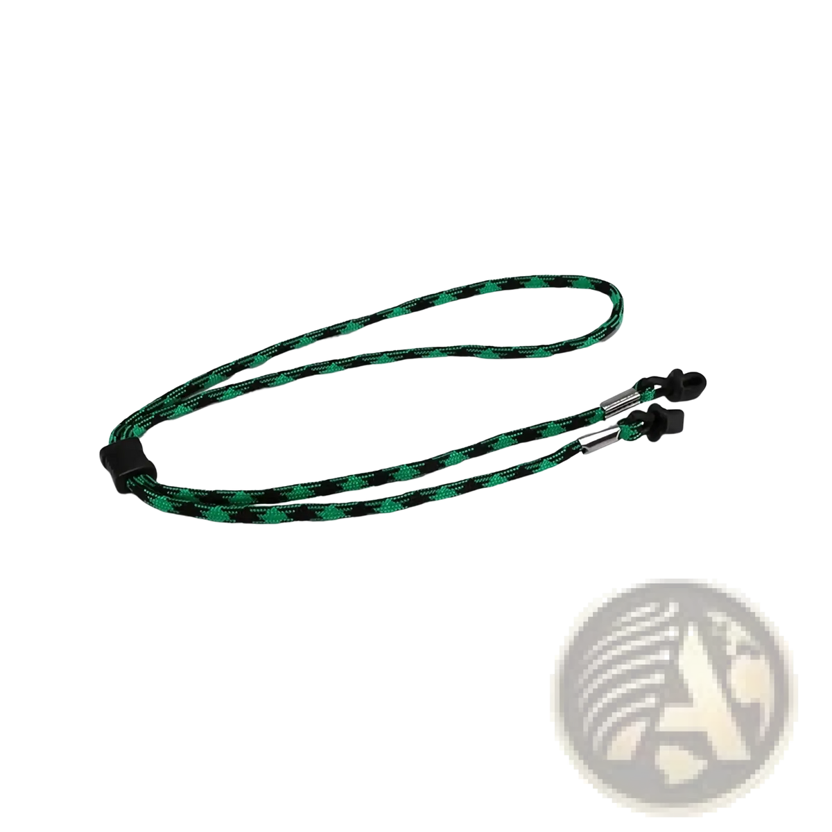Green and black patterned dhopical eyewear strap with non-slip sports cord and adjustable metal clasps