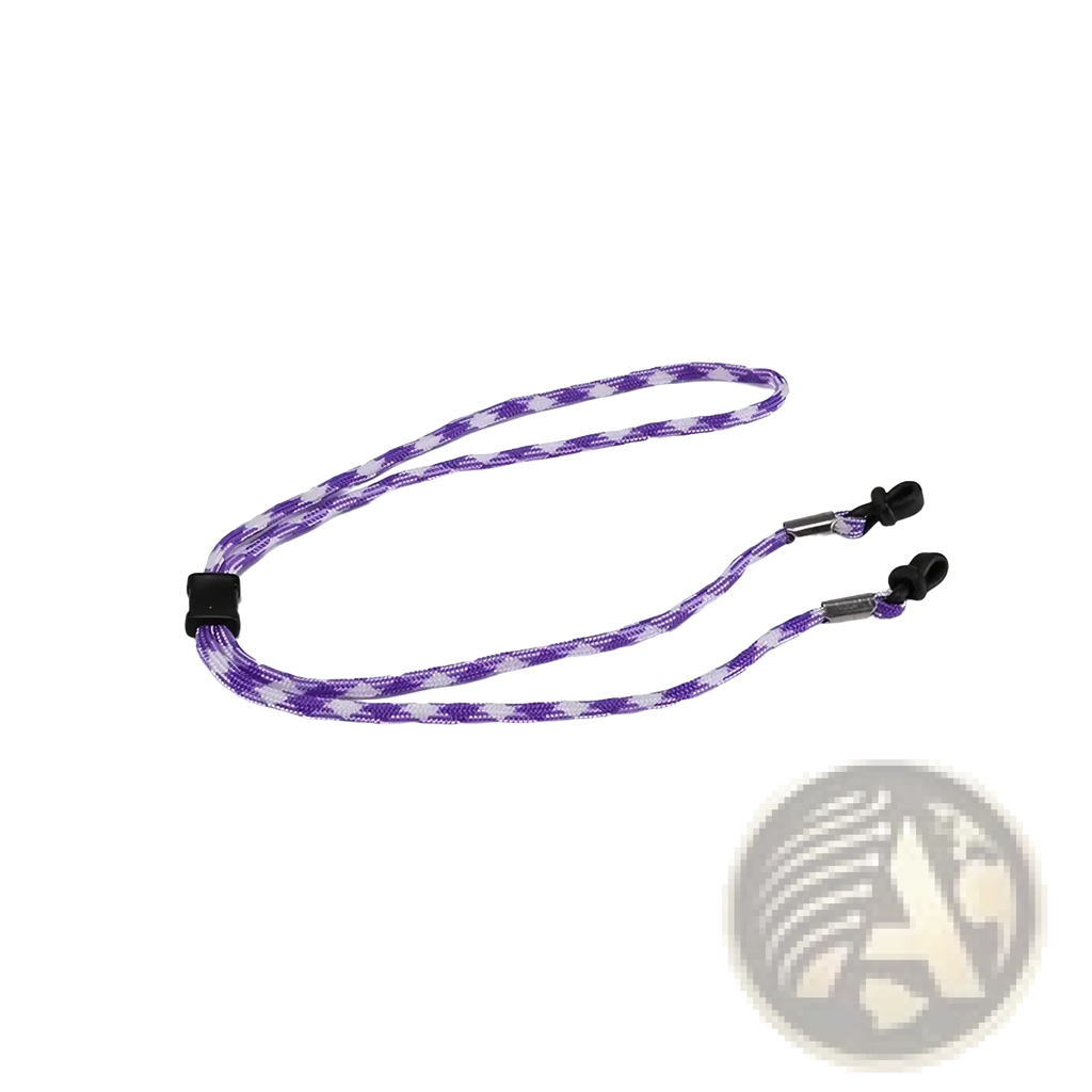 Purple and white braided non-slip sports eyewear strap with black plastic clips in a 10 pack set