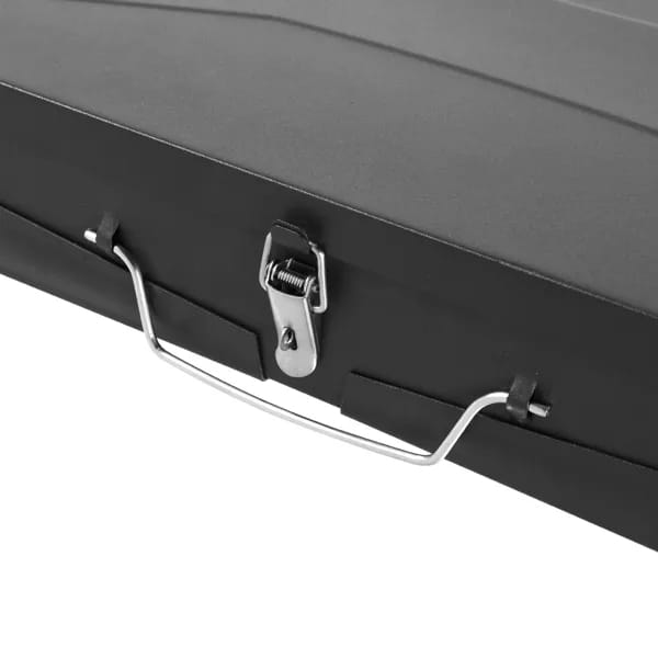 Black metal portable charcoal grill with a silver spring-loaded latch and wire handle in a folding square 44cm steel bbq design.
