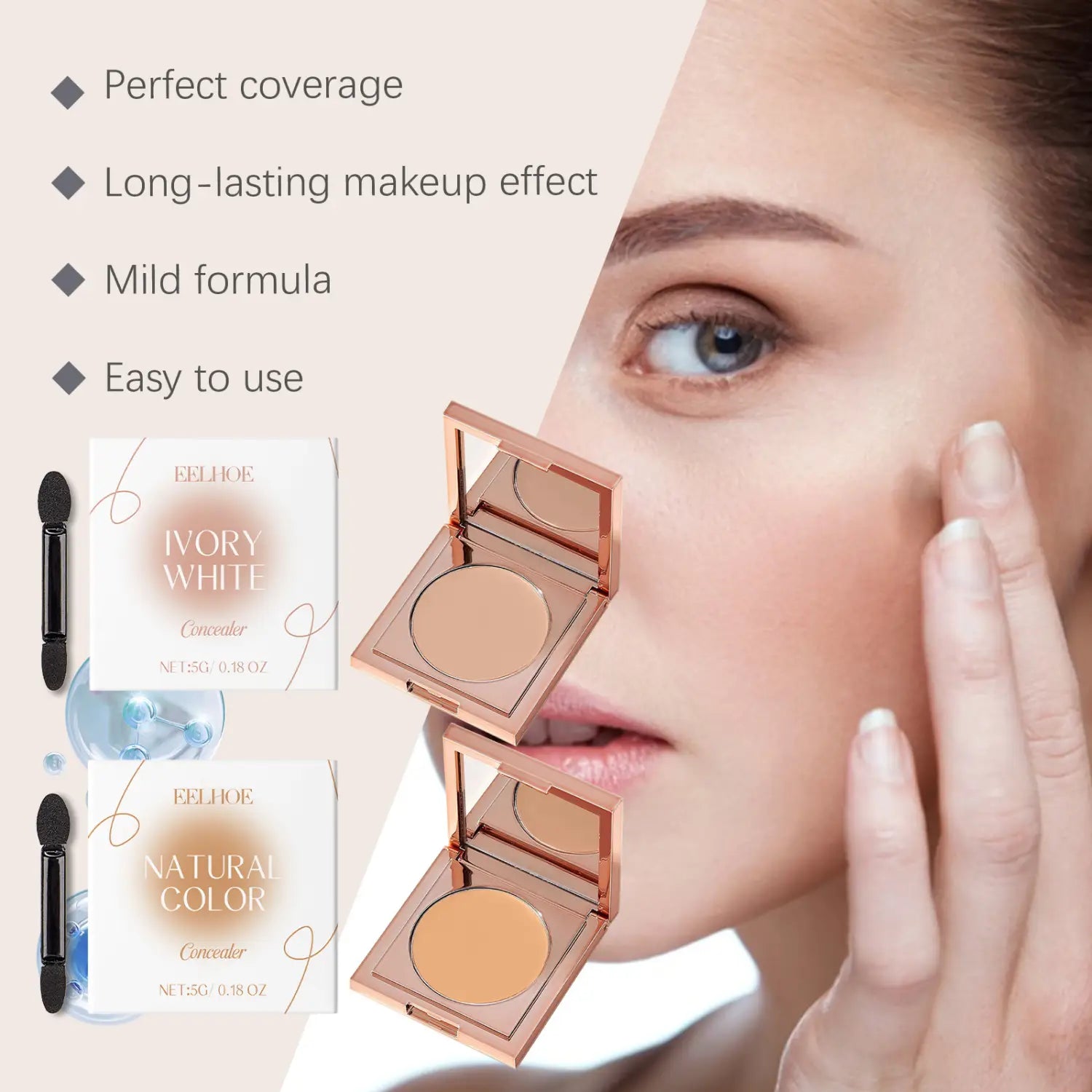 a rose gold square compact containing two different shades of eye concealer for sensitive skin creamy coverage labeled ivory white and natural color